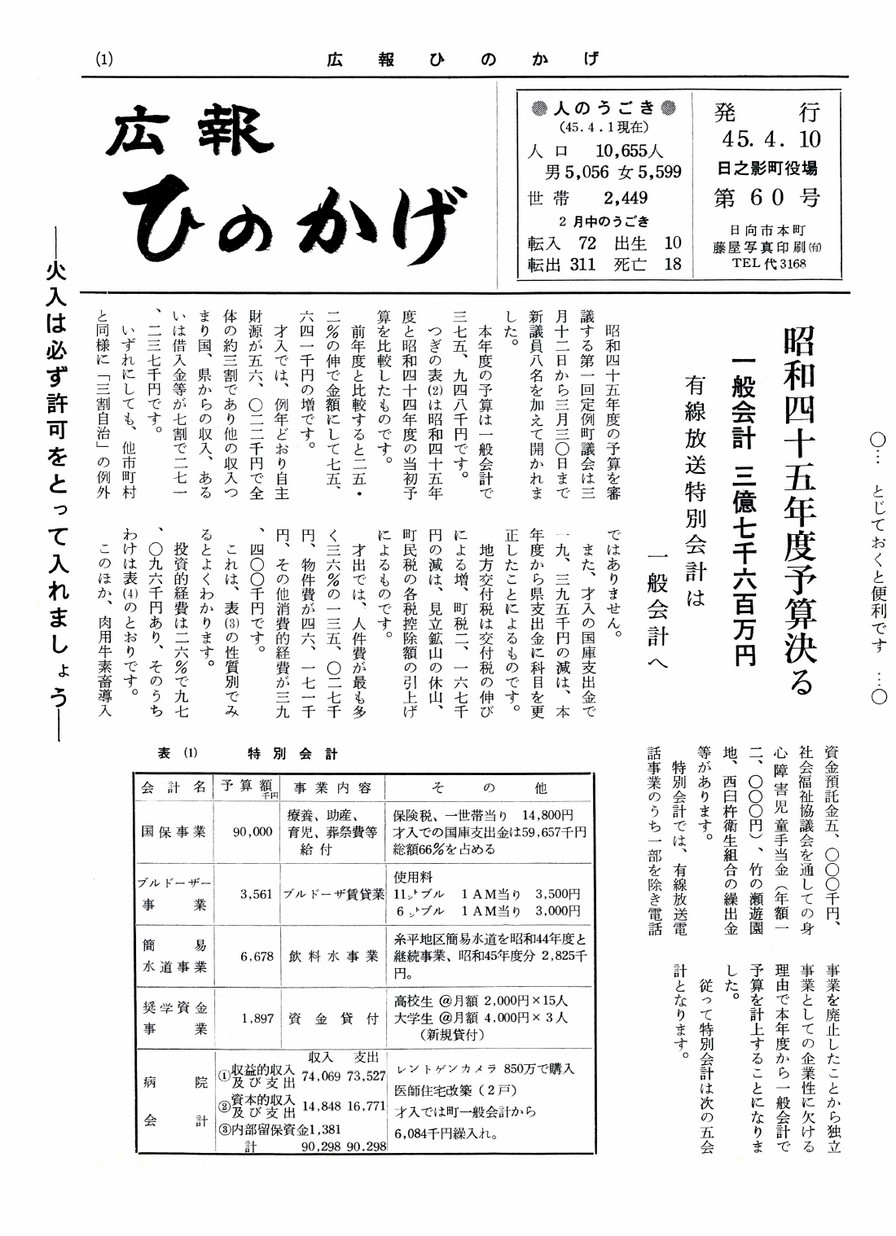 広報ひのかげ　第60号　1970年4月発行の表紙画像